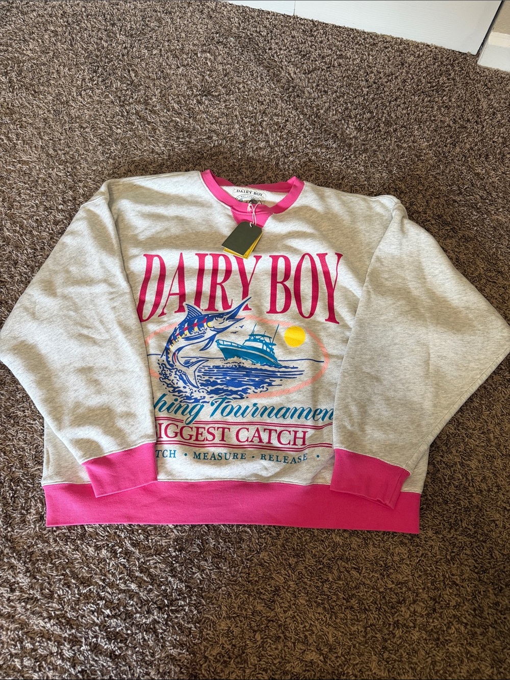 Women’s Dairy Boy Gray Sweatshirt with Pink Trim